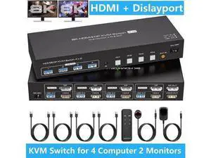 HDMI + Displayport KVM Switch 4 Computer 2 Monitors 8K@60Hz, Dual Monitor USB 3.0 KVM Switcher for 4 PC Share 2 Monitors and 4 USB 3.0 Devices, Support DP 1.4 HDMI 2.1 Includes 4 USB 3.0 Cables HDMI + Displayport KVM Switch 4 Computer 2 Monitors 8K@60Hz, Dual Monitor USB 3.0 KVM Switcher for 4 PC Share 2 Monitors and 4 USB 3.0 Devices, Support DP 1.4 HDMI 2.1 Includes 4 USB 3.0 Cables