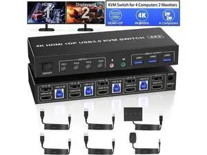 USB 3.0 Displayport + HDMI KVM Switch 2 Monitors 4 Computers, 4K@60Hz KVM Switches with Audio Microphone and 3 USB 3.0 Ports, 4 Port HDMI + DP Dual Monitor Switch for 4 PCs 2 Monitors USB 3.0 Displayport + HDMI KVM Switch 2 Monitors 4 Computers, 4K@60Hz KVM Switches with Audio Microphone and 3 USB 3.0 Ports, 4 Port HDMI + DP Dual Monitor Switch for 4 PCs 2 Monitors
