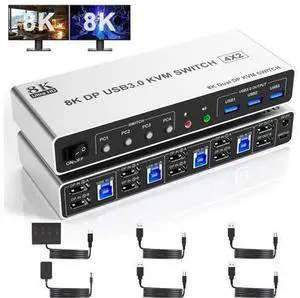 Vszerda 8K@60Hz USB3.0 Displayport KVM Switch 2 Monitors 4 Computers, 4 Port DP1.4 Dual Monitor Displayport KVM Switch with Audio,Microphone and 3 USB3.0, Dual Monitors Displayport KVM Switch for 4PCs Vszerda 8K@60Hz USB3.0 Displayport KVM Switch 2 Monitors 4 Computers, 4 Port DP1.4 Dual Monitor Displayport KVM Switch with Audio,Microphone and 3 USB3.0, Dual Monitors Displayport KVM Switch for 4PCs