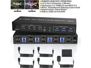 4K@60Hz Displayport + HDMI Dual Monitor KVM Switch for 4 PCs, USB 3.0 HDMI + DP KVM Switch 2 Monitors 4 Computers, with Audio Microphone Output and 3 USB 3.0 Ports, with Wired Remote Controller 4K@60Hz Displayport + HDMI Dual Monitor KVM Switch for 4 PCs, USB 3.0 HDMI + DP KVM Switch 2 Monitors 4 Computers, with Audio Microphone Output and 3 USB 3.0 Ports, with Wired Remote Controller