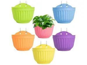 6 Pcs Colorful Resin Wall, Small Hanging Flower Pots with S Hooks for Garden and Fence Decor 6 Pcs Colorful Resin Wall, Small Hanging Flower Pots with S Hooks for Garden and Fence Decor