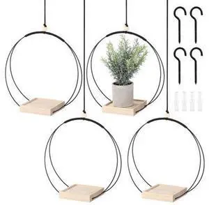 4-Pack Wooden Base Plant Hangers, Metal Circle Indoor for Small Pots, Versatile Macrame Holders for Home and Garden 4-Pack Wooden Base Plant Hangers, Metal Circle Indoor for Small Pots, Versatile Macrame Holders for Home and Garden