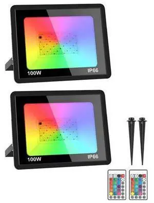 RGB Led Flood Lights, 2 X 100W Outdoor Landscape Lights with Remote Control, Waterproof Ip66, Color Changing Stage Lights for Yard Garden Wall RGB Led Flood Lights, 2 X 100W Outdoor Landscape Lights with Remote Control, Waterproof Ip66, Color Changing Stage Lights for Yard Garden Wall
