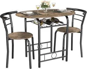 uego de mesa redonda y silla de madera de 3 piezas, ahorro de espacio, rincón de desayuno, mesa de grano de madera con marco de metal y estante de vino integrado para cocina, comedor uego de mesa redonda y silla de madera de 3 piezas, ahorro de espacio, rincón de desayuno, mesa de grano de madera con marco de metal y estante de vino integrado para cocina, comedor