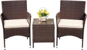 3 piezas, de ratán, de polietileno, sillas de mimbre, cojín beige con mesa al aire libre, muebles de jardín 3 piezas, de ratán, de polietileno, sillas de mimbre, cojín beige con mesa al aire libre, muebles de jardín