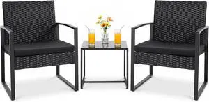 Juego de muebles de mimbre para patio al aire libre, 3 piezas, modernos juegos de conversación de sillas de ratán con mesa auxiliar para patio y bistró (negro) Juego de muebles de mimbre para patio al aire libre, 3 piezas, modernos juegos de conversación de sillas de ratán con mesa auxiliar para patio y bistró (negro)