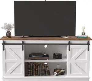 Soporte de TV para TV de 65 pulgadas, centro de entretenimiento con armarios de almacenamiento y puertas corredizas de granero, consola de TV moderna de mediados de siglo para sala de estar y Soporte de TV para TV de 65 pulgadas, centro de entretenimiento con armarios de almacenamiento y puertas corredizas de granero, consola de TV moderna de mediados de siglo para sala de estar y
