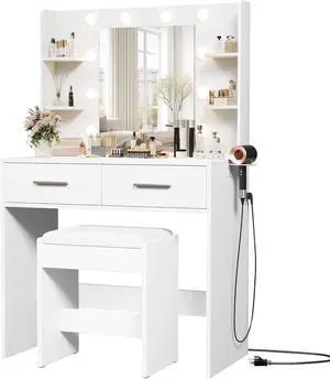 Escritorio de maquillaje con espejo y toma de corriente, tocador con 3 opciones de luz de color y brillo ajustable, escritorio de maquillaje con 2 cajones, 6 estantes de almacenamiento Escritorio de maquillaje con espejo y toma de corriente, tocador con 3 opciones de luz de color y brillo ajustable, escritorio de maquillaje con 2 cajones, 6 estantes de almacenamiento