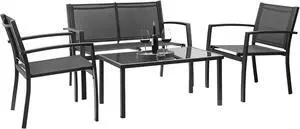Juego de 4 piezas de muebles de patio al aire libre para jardín, sillas y mesa de café de cristal para patio o terraza, Negro Juego de 4 piezas de muebles de patio al aire libre para jardín, sillas y mesa de café de cristal para patio o terraza, Negro