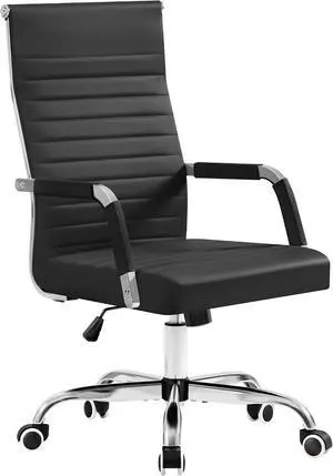 Silla de escritorio de oficina acanalada con respaldo medio de piel sintética, silla ejecutiva de conferencia, silla giratoria ajustable con brazos (Negro) Silla de escritorio de oficina acanalada con respaldo medio de piel sintética, silla ejecutiva de conferencia, silla giratoria ajustable con brazos (Negro)