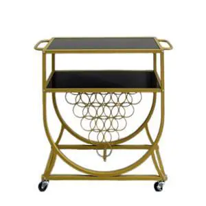 The black and gold color combination of the dining cart trolley makes it extremely convenient for storage and organization. The black and gold color combination of the dining cart trolley makes it extremely convenient for storage and organization.