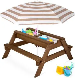 Mesa de arena y agua 3 en 1 para niños, mesa de picnic convertible de madera para exteriores con paraguas, 2 bandejas, parte superior extraíble, capacidad de 220 libras por banco Mesa de arena y agua 3 en 1 para niños, mesa de picnic convertible de madera para exteriores con paraguas, 2 bandejas, parte superior extraíble, capacidad de 220 libras por banco
