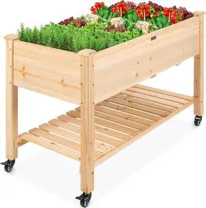 Cama de jardín elevada de 48 x 24 x 32 pulgadas, maceta de madera elevada móvil con ruedas bloqueables, estante de almacenamiento, forro protector, color natural Cama de jardín elevada de 48 x 24 x 32 pulgadas, maceta de madera elevada móvil con ruedas bloqueables, estante de almacenamiento, forro protector, color natural