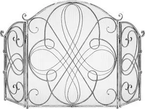 Pantalla de chimenea de 3 paneles de 55x33 pulgadas de hierro forjado macizo transparente, protector de seguridad contra chispas con scroll decorativo - Estaño Pantalla de chimenea de 3 paneles de 55x33 pulgadas de hierro forjado macizo transparente, protector de seguridad contra chispas con scroll decorativo - Estaño