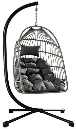 Frame-supported woven egg-shaped hanging chair for courtyard or balcony, with thick soft cushion for comfortable sitting, suitable for home leisure use and with load-bearing capacity. Frame-supported woven egg-shaped hanging chair for courtyard or balcony, with thick soft cushion for comfortable sitting, suitable for home leisure use and with load-bearing capacity.