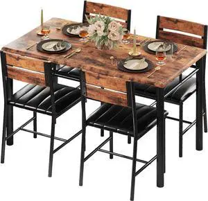 Juego de mesa de comedor para 4, mesa de cocina de madera con sillas tapizadas para cocina y espacios pequeños, color marrón rústico Juego de mesa de comedor para 4, mesa de cocina de madera con sillas tapizadas para cocina y espacios pequeños, color marrón rústico