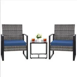 Wicker chair and coffee table set - three-piece combination for outdoor garden. Woven wicker sofa for outdoor patio and garden terrace. Set of casual tea tables for leisure use in the villa. Wicker chair and coffee table set - three-piece combination for outdoor garden. Woven wicker sofa for outdoor patio and garden terrace. Set of casual tea tables for leisure use in the villa.