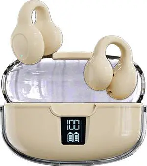 Ear clip type bone conduction soft silicone Bluetooth headphones with digital display, not inserted into the ear, long-term wearing is not painful. Model J300, in beige color. Ear clip type bone conduction soft silicone Bluetooth headphones with digital display, not inserted into the ear, long-term wearing is not painful. Model J300, in beige color.