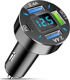 Cargador de coche de 4 puertos, adaptador de encendedor de cigarrillos de 12-24 V con 3 USB y 1 puerto USB-C, soporta carga rápida QC/PD, cuenta con pantalla digital y luces LED, se adapta a Cargador de coche de 4 puertos, adaptador de encendedor de cigarrillos de 12-24 V con 3 USB y 1 puerto USB-C, soporta carga rápida QC/PD, cuenta con pantalla digital y luces LED, se adapta a