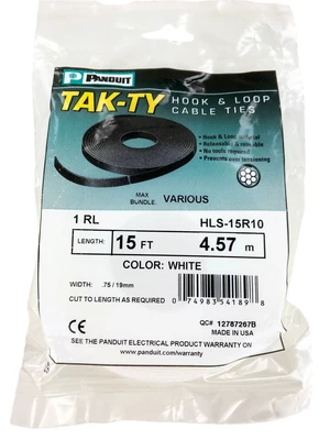 Panduit HLS-15R10 Hook and Loop Cable Tie Roll, 15 ft, White Panduit HLS-15R10 Hook and Loop Cable Tie Roll, 15 ft, White