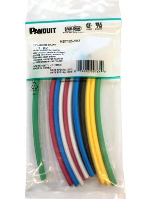 Panduit HSTT25-YK1 Heat Shrink Tubing 1/4-Inch, 6-Inch Length, Assorted Colors, 14-Piece Pack - Expired April 2018 Panduit HSTT25-YK1 Heat Shrink Tubing 1/4-Inch, 6-Inch Length, Assorted Colors, 14-Piece Pack - Expired April 2018