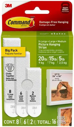 20, 15, & 5 lb X-Large, Large, and Medium 16 Pairs Picture Hanging Strips (32 Strips), Damage-Free Hangers for Picture Frames, No Tools Required, Great for Home Room Wall Decor, White Adhesive 20, 15, & 5 lb X-Large, Large, and Medium 16 Pairs Picture Hanging Strips (32 Strips), Damage-Free Hangers for Picture Frames, No Tools Required, Great for Home Room Wall Decor, White Adhesive