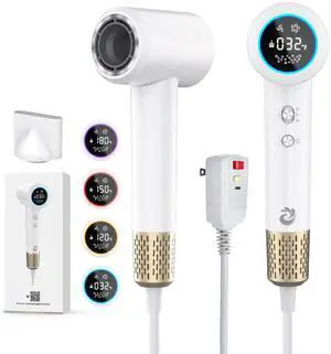Hair Dryer, 1500W High Speed 110000 RPM Blow Dryer with Plasma Tech (Positive+Negative Ionic), LCD Display, 5 Modes, Thermo-Control, Low Noise, Fast Drying Travel Hair Dryer for Home or Travel(White) Hair Dryer, 1500W High Speed 110000 RPM Blow Dryer with Plasma Tech (Positive+Negative Ionic), LCD Display, 5 Modes, Thermo-Control, Low Noise, Fast Drying Travel Hair Dryer for Home or Travel(White)