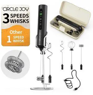 Rechargeable Handheld Milk Frother Wand with Stand, 3 Variable Speeds, 3 Whisks and Storage Box, Electric Drink Mixer for Latte, Cappuccino, Hot Chocolate, Eggs and Protein Powder, Black Rechargeable Handheld Milk Frother Wand with Stand, 3 Variable Speeds, 3 Whisks and Storage Box, Electric Drink Mixer for Latte, Cappuccino, Hot Chocolate, Eggs and Protein Powder, Black