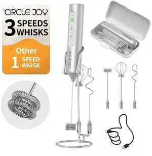 Rechargeable Handheld Milk Frother Wand with Stand, 3 Variable Speeds, 3 Whisks and Storage Box, Electric Drink Mixer for Latte, Cappuccino, Hot Chocolate, Eggs and Protein Powder, Silver Rechargeable Handheld Milk Frother Wand with Stand, 3 Variable Speeds, 3 Whisks and Storage Box, Electric Drink Mixer for Latte, Cappuccino, Hot Chocolate, Eggs and Protein Powder, Silver