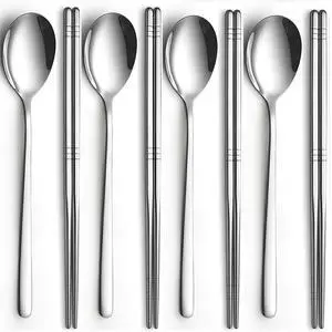 4 Set Korean Chopsticks and Spoons, Stainless Steel Metal Set, Reusable Flat Long Handle Set for Home, Kitchen or Restaurant 4 Set Korean Chopsticks and Spoons, Stainless Steel Metal Set, Reusable Flat Long Handle Set for Home, Kitchen or Restaurant
