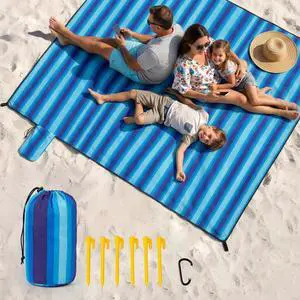 Beach Blanket Waterproof Sandproof - Oversized Extra Large Beach Mat for 3-4 People, Lightweight Sand Free Mat for Summer Vacation with 6 Stakes & 4 Corner Pockets for Beach, Camping 7x7ft Blue Stripe Beach Blanket Waterproof Sandproof - Oversized Extra Large Beach Mat for 3-4 People, Lightweight Sand Free Mat for Summer Vacation with 6 Stakes & 4 Corner Pockets for Beach, Camping 7x7ft Blue Stripe