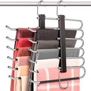 Space Saving 6 Tier Pant Hangers, Anti-Slip, Stainless Steel, 2 Pack, Black Space Saving 6 Tier Pant Hangers, Anti-Slip, Stainless Steel, 2 Pack, Black