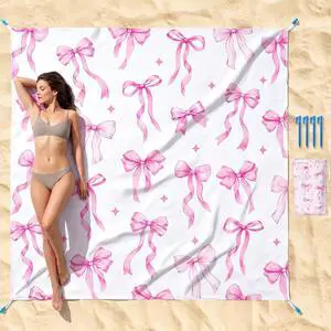 Pink Bow Beach Blanket: Large 79''x83'' Sandproof Water-Resistant Beach Mat, Lightweight Quick-Dry Foldable Picnic Blanket with 4 Stakes & Carry Bag for Beach, Travel, Camping, Pink Bow Beach Blanket: Large 79''x83'' Sandproof Water-Resistant Beach Mat, Lightweight Quick-Dry Foldable Picnic Blanket with 4 Stakes & Carry Bag for Beach, Travel, Camping,