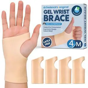 Gel Wrist Brace - 4 ct - Waterproof Fingerless Compression Sleeve - Mild Carpal Tunnel, Arthritis & Tendonitis Relief - Fits Left & Right Hand - Men & Women - Medium Gel Wrist Brace - 4 ct - Waterproof Fingerless Compression Sleeve - Mild Carpal Tunnel, Arthritis & Tendonitis Relief - Fits Left & Right Hand - Men & Women - Medium