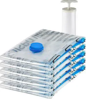 Vacuum Storage Bags, Compression Space Saving for Clothes and Linens, Reusable with Hand Pump, Large, Clear, 5-Pack Vacuum Storage Bags, Compression Space Saving for Clothes and Linens, Reusable with Hand Pump, Large, Clear, 5-Pack
