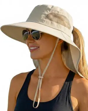 Women Sun Hats UV Protection Wide Brim Packable Bucket Hat with Ponytail Hole Neck Cover for Summer Outdoor Beach Hiking Fishing (Beige) Women Sun Hats UV Protection Wide Brim Packable Bucket Hat with Ponytail Hole Neck Cover for Summer Outdoor Beach Hiking Fishing (Beige)