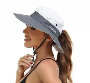 Womens Summer Sun Hat Beach Hat Wide Brim Outdoor UV Protection Hat Foldable Cool Mesh Ponytail Bucket Hat (Grey+Beige) Womens Summer Sun Hat Beach Hat Wide Brim Outdoor UV Protection Hat Foldable Cool Mesh Ponytail Bucket Hat (Grey+Beige)