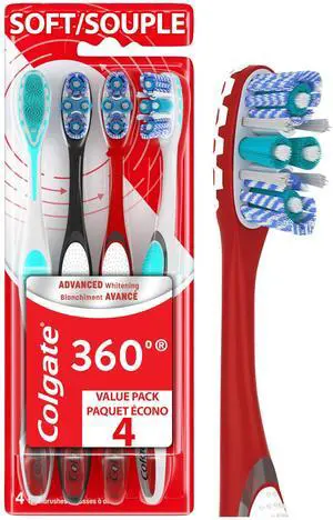 360 Advanced Whitening Soft Toothbrush Pack, 4 Adult Soft Toothbrushes with Cheek and Tongue Cleaner, Helps Clean Your Teeth, Tongue, Cheeks, & Gums, 4 - Pack 360 Advanced Whitening Soft Toothbrush Pack, 4 Adult Soft Toothbrushes with Cheek and Tongue Cleaner, Helps Clean Your Teeth, Tongue, Cheeks, & Gums, 4 - Pack