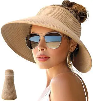 Sun Hats for Women Wide Brim Roll-Up Beach Ponytail Hat Packable Travel Foldable Straw Visor Khaki Sun Hats for Women Wide Brim Roll-Up Beach Ponytail Hat Packable Travel Foldable Straw Visor Khaki