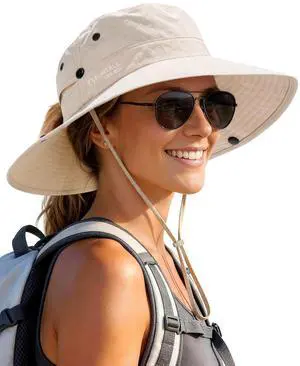 Sun Hats for Women with Ponytail Hole Wide Brim Beach Bucket Hat UPF 50+ Fishing Hiking Outdoor Hats Beige Sun Hats for Women with Ponytail Hole Wide Brim Beach Bucket Hat UPF 50+ Fishing Hiking Outdoor Hats Beige