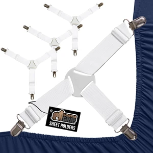 Patented Fitted Bed Sheet Holders for Corners, 4 Pack White | Adjustable Elastic Fasteners with Straps with Metal Clips, Keeps in Place Bedding Sheets, Tight Suspenders for Mattress Patented Fitted Bed Sheet Holders for Corners, 4 Pack White | Adjustable Elastic Fasteners with Straps with Metal Clips, Keeps in Place Bedding Sheets, Tight Suspenders for Mattress