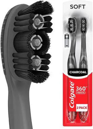 360 Vibrate Charcoal Battery Powered Electric Toothbrush with Soft Bristles, 2 Pack, Sonic Powered 360 Vibrate Charcoal Battery Powered Electric Toothbrush with Soft Bristles, 2 Pack, Sonic Powered