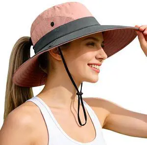 Ponytail Sun Bucket Hats for Women UV Protection Foldable Mesh Wide Brim Hiking Beach Fishing Summer Safari Ponytail Sun Bucket Hats for Women UV Protection Foldable Mesh Wide Brim Hiking Beach Fishing Summer Safari