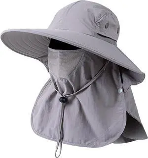 Mens Women Fishing Hat UPF 50+ Wide Brim Sun Hat with Face Cover & Neck Flap Grey Mens Women Fishing Hat UPF 50+ Wide Brim Sun Hat with Face Cover & Neck Flap Grey