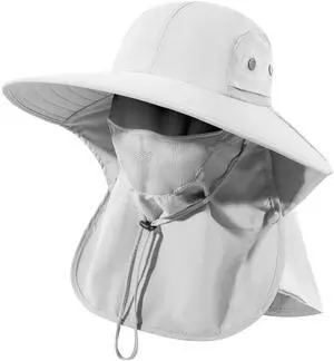 Mens Women Fishing Hat UPF 50+ Wide Brim Sun Hat with Face Cover & Neck Flap Light Gray Mens Women Fishing Hat UPF 50+ Wide Brim Sun Hat with Face Cover & Neck Flap Light Gray