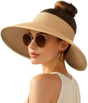 Women's Sun Visor Hats Wide Brim Straw Beach Hat Ponytail Hats for Women Foldable Floppy Women's Sun Visor Hats Wide Brim Straw Beach Hat Ponytail Hats for Women Foldable Floppy