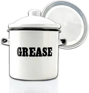 1.5L White Enamel Bacon Grease Container with Strainer, Grease Canister with Letter Pattern, Bacon Grease Saver, Oil Storage Jar, Kitchen Accessories for Farmhouse Kitchen Decor 1.5L White Enamel Bacon Grease Container with Strainer, Grease Canister with Letter Pattern, Bacon Grease Saver, Oil Storage Jar, Kitchen Accessories for Farmhouse Kitchen Decor
