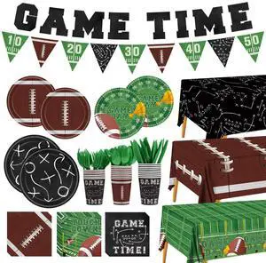 Football Party Supplies Decor Kit for 24 Guests - 3 Tablecloths, Microwave-Safe Plates, Napkins, Cups, Cutlery & GAME TIME Banner | Football Touchdown Decor for Birthday, Tailgate Party, Big Game Day Football Party Supplies Decor Kit for 24 Guests - 3 Tablecloths, Microwave-Safe Plates, Napkins, Cups, Cutlery & GAME TIME Banner | Football Touchdown Decor for Birthday, Tailgate Party, Big Game Day