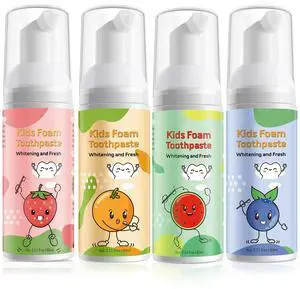 Foam Toothpaste Kids, Toddler Toothpaste with Low Fluoride, Kids Toothpaste for U Shaped & Electric Toothbrush, Foam Toothpaste for Children Ages 3 Plus (4PCS, Strawberry+Orange+Watermelon+Blueberry) Foam Toothpaste Kids, Toddler Toothpaste with Low Fluoride, Kids Toothpaste for U Shaped & Electric Toothbrush, Foam Toothpaste for Children Ages 3 Plus (4PCS, Strawberry+Orange+Watermelon+Blueberry)
