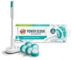 Power Scour Toilet Cleaning System, Toilet Bowl Cleaner with Disposable Scrub Pad Tablets, Includes 1 Wand, Stand and 5 Scrubbing Pad Refills Power Scour Toilet Cleaning System, Toilet Bowl Cleaner with Disposable Scrub Pad Tablets, Includes 1 Wand, Stand and 5 Scrubbing Pad Refills